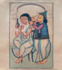 A framed painting of a couple, illustrating a loving moment in traditional Bengal Patachitra style.