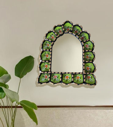 Picture of Decorative Handmade Mirror 9" Painted Glass, arch/ portal shape, Floral Pattern in different colors, Home Decor, Wall Art, Peruvian