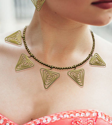 Picture of Triangled Metal Necklace and Earring Set Indian Handmade Metal Traditional Jewelries Artistic Metal Ornaments - Dhokra Jewelry