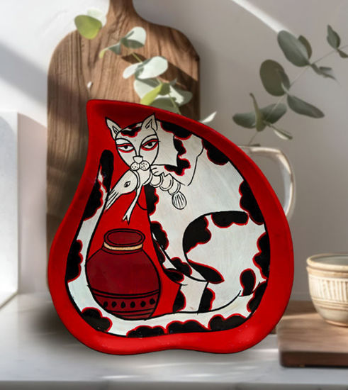 Hand-painted wooden tray featuring a Bengal Pattachitra-style cat design in red and black, ideal for serving snacks or tea.