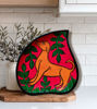 A hand-painted wooden tray features a joyful dog, showcasing vibrant Bengal Patachitra folk art.