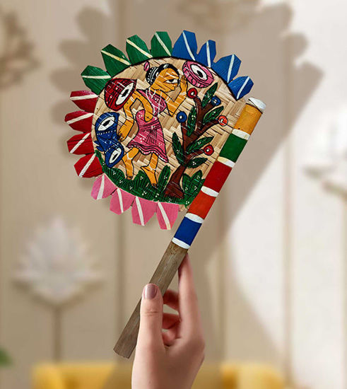 Hand-painted wooden fan featuring vibrant Bengal Pattachitra art, showcasing intricate folk motifs and a sturdy handle.