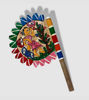 Decorative hand fan with a wooden handle, showcasing vibrant Pattachitra artwork, reflecting Bengal's rich artistic heritage.