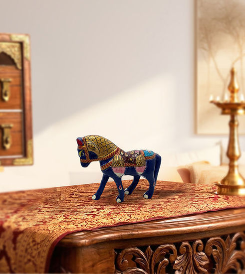 Picture of Royal Blue Metal Folk Art Horse Showpiece – Hand Painted Enamel Style Decorative Figurine
