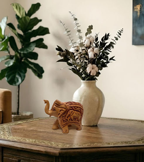 Picture of Carved Wooden Elephant Figurine – Handcrafted Lucky Elephant Decor for Home & Housewarming